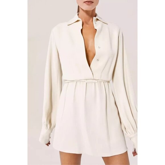 Alexis Levina Ivory Long Sleeve Mini Shirt Dress Elastic Waist Size S Crepe - Picture 2 of 12